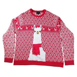 Mens Christmas Lama Sweater Pullover Red White Geometric Size XL JH1223